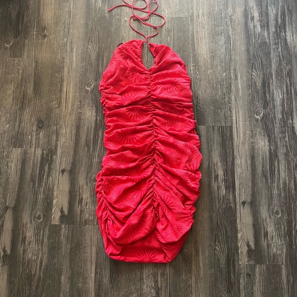NWT Zara Red Jacquard Draped Halter Dress Sz M - Picture 2 of 3